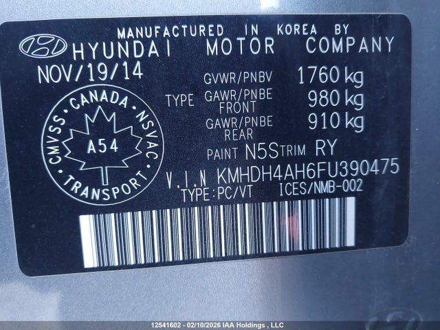 KMHDH4AH6FU390475 Hyundai Elantra Gls