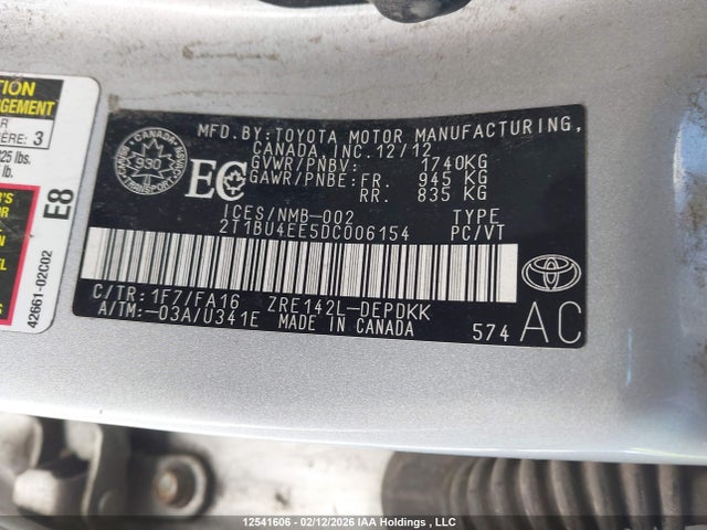 Aukcja sprzedaży 2013 Toyota Corolla, vin: 2T1BU4EE5DC006154, numer aukcji: 12541606