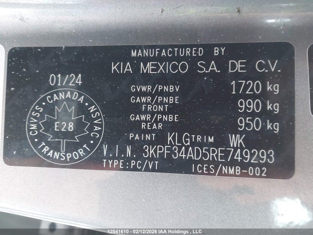 12541610 :رقم المزاد ، 3KPF34AD5RE749293 vin ، 2024 Kia Forte مزاد بيع