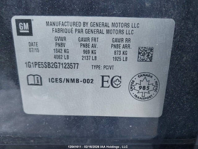 1G1PE5SB2G7123577 Chevrolet Cruze Limited 1lt
