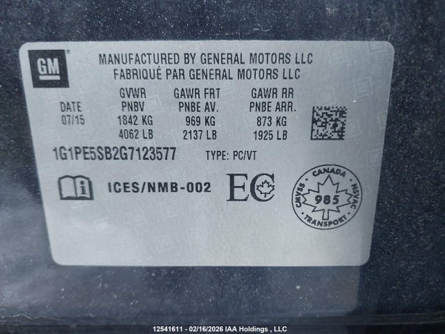 1G1PE5SB2G7123577 Chevrolet Cruze Limited 1lt