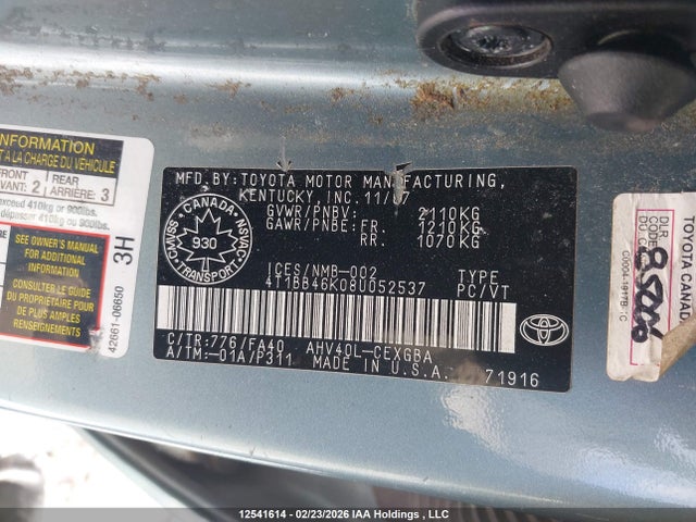 2008 Toyota Camry მანქანა იყიდება აუქციონზე, vin: 4T1BB46K08U052537, აუქციონის ნომერი: 12541614