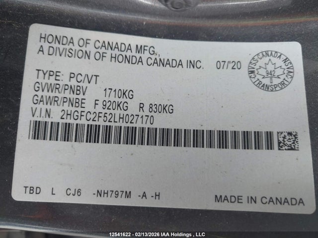 Aukcja sprzedaży 2020 Honda Civic Lx, vin: 2HGFC2F52LH027170, numer aukcji: 12541622
