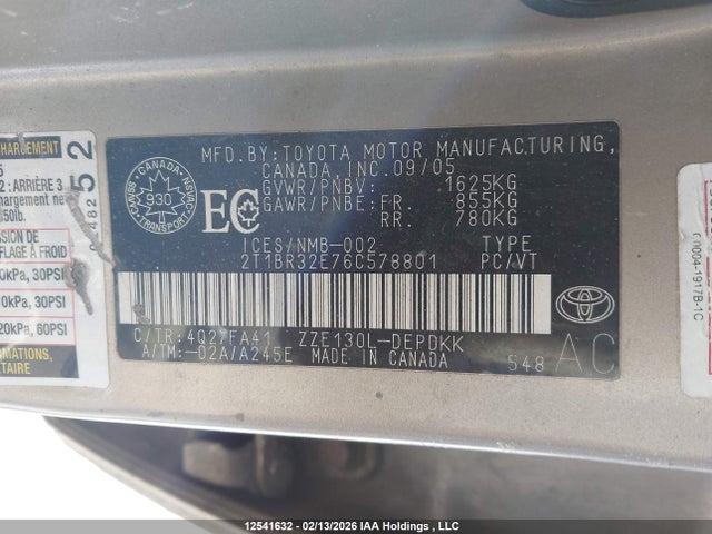 12541632 :رقم المزاد ، 2T1BR32E76C578801 vin ، 2006 Toyota Corolla مزاد بيع