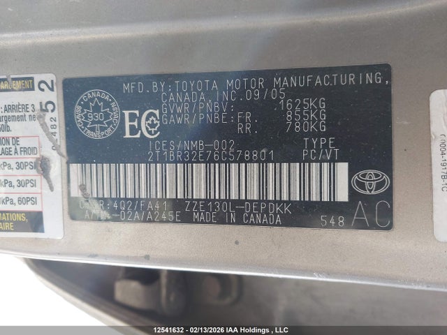 12541632 :رقم المزاد ، 2T1BR32E76C578801 vin ، 2006 Toyota Corolla مزاد بيع