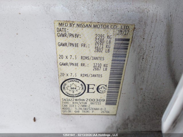 5N1AZ2MH9HN200309 Nissan Murano Platinum/sl/sv