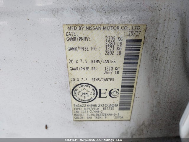 5N1AZ2MH9HN200309 Nissan Murano Platinum/sl/sv