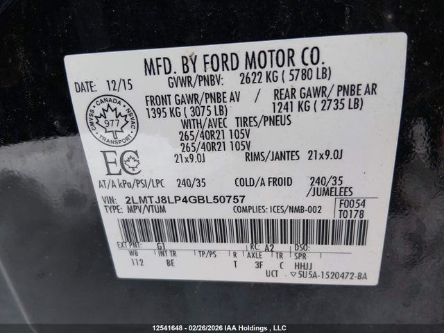 Lincoln Mkx Reserve 2016 2LMTJ8LP4GBL50757 Image 9