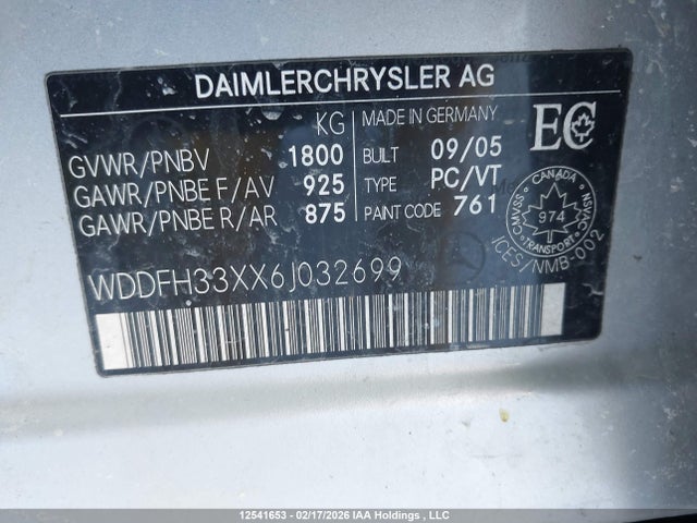 12541653 :رقم المزاد ، WDDFH33XX6J032699 vin ، 2006 Mercedes-benz B 200 مزاد بيع