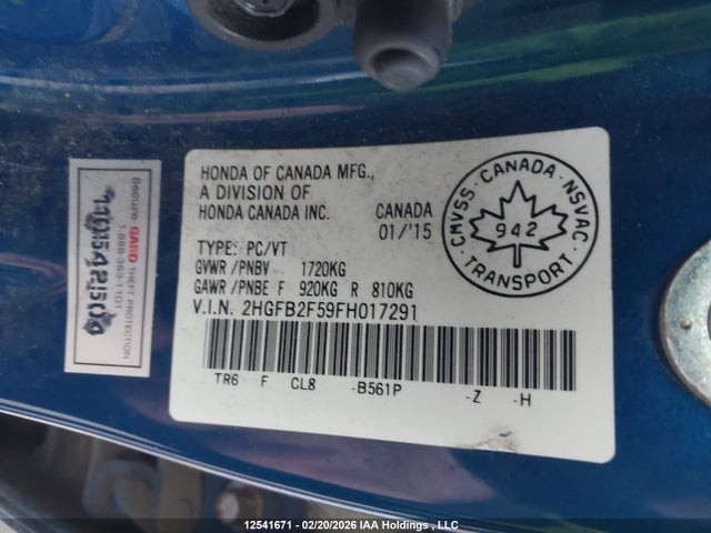 Honda Civic Lx 2015 2HGFB2F59FH017291 Image 9