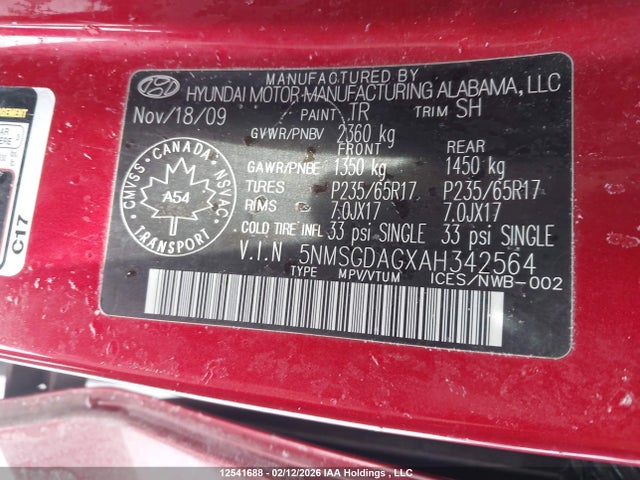 Продаж на аукціоні авто 2010 Hyundai Santa Fe Gl 3.5, vin: 5NMSGDAGXAH342564, номер лоту: 12541688