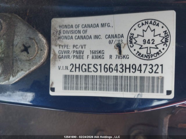 12541690 :رقم المزاد ، 2HGES16643H947321 vin ، 2003 Honda Civic Lx مزاد بيع