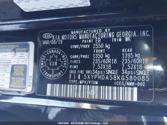 5XYPHDA58KG580085 KIA Sorento Ex/ex Sport