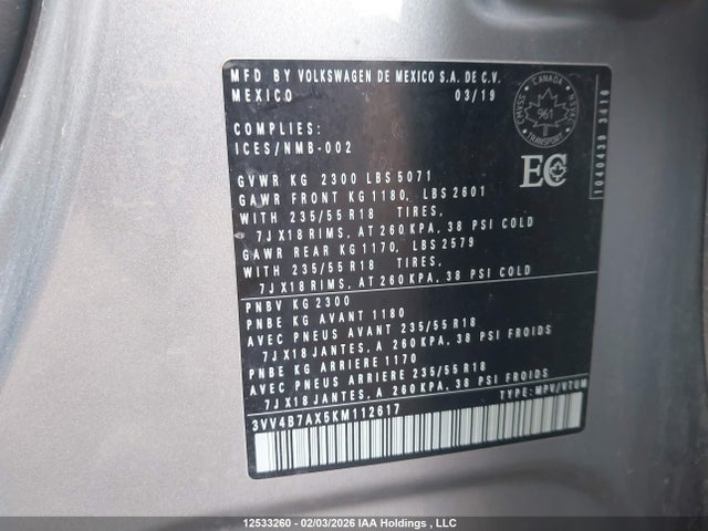 Volkswagen Tiguan Highline 2019 3VV4B7AX5KM112617 Image 18