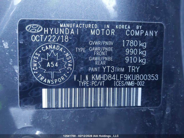 KMHD84LF9KU800353 Hyundai Elantra Preferred