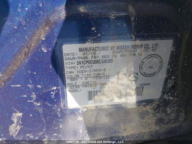 3N1CP5CU0KL536265 Nissan Kicks S/sr/sv