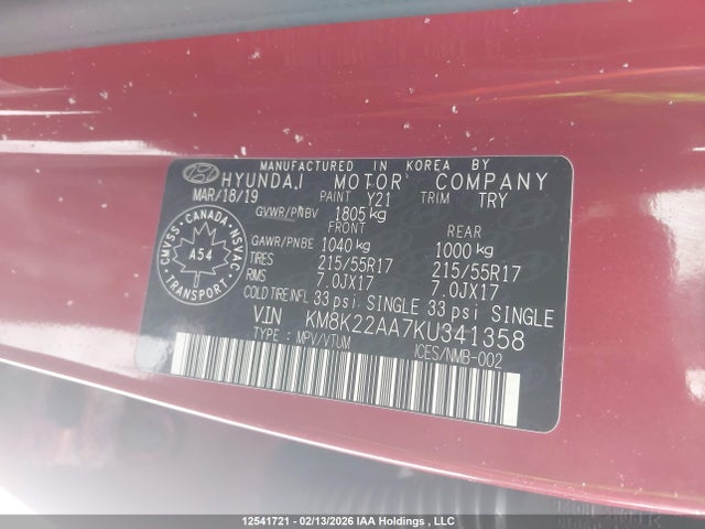 KM8K22AA7KU341358 Hyundai Kona