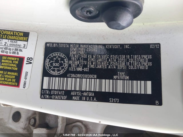 Aukcja sprzedaży 2012 Toyota Venza Le/xle, vin: 4T3BA3BB2CU030638, numer aukcji: 12541769