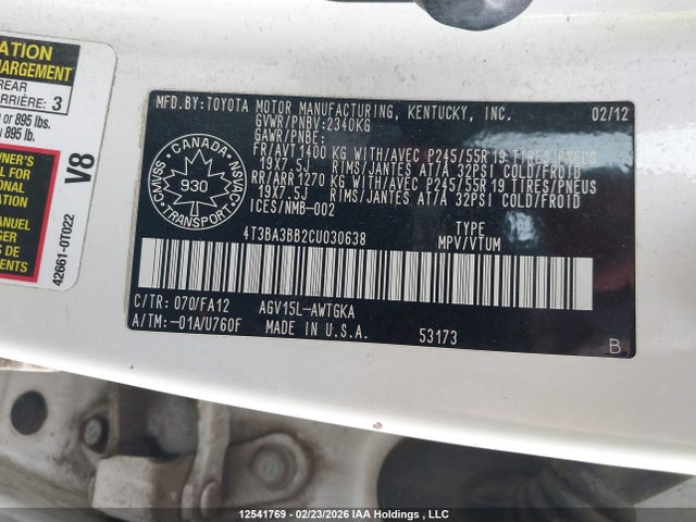 Aukcja sprzedaży 2012 Toyota Venza Le/xle, vin: 4T3BA3BB2CU030638, numer aukcji: 12541769