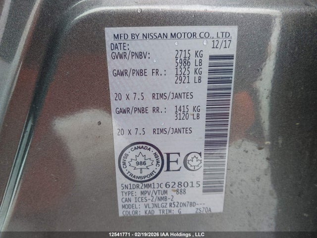 5N1DR2MM1JC628015 Nissan Pathfinder Midnight Edition/platinum/s/sl Premium/sv Tech