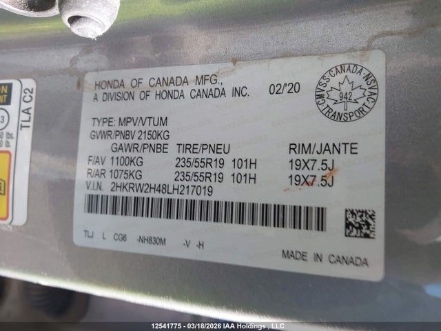 2HKRW2H48LH217019 Honda Cr-v Sport