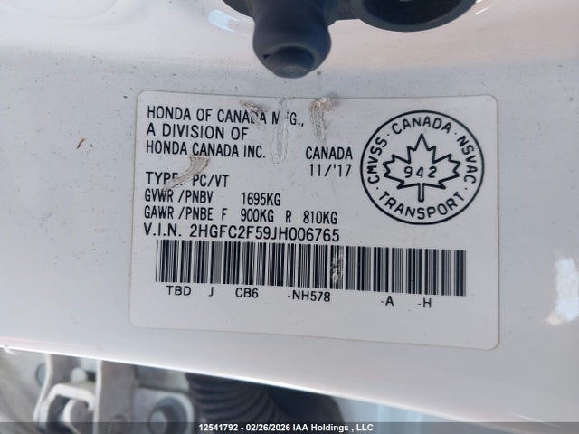 Aukcja sprzedaży 2018 Honda Civic, vin: 2HGFC2F59JH006765, numer aukcji: 12541792