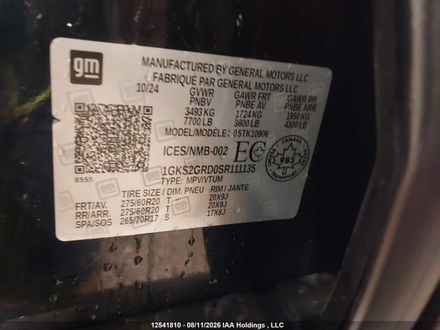 12541810 :رقم المزاد ، 1GKS2GRD0SR111135 vin ، 2025 Gmc Yukon Xl Elevation مزاد بيع