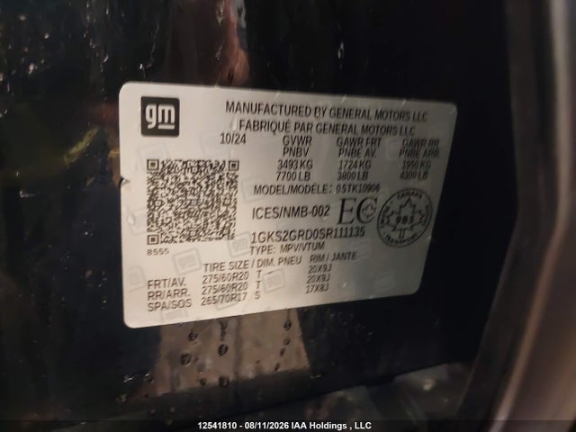 12541810 :رقم المزاد ، 1GKS2GRD0SR111135 vin ، 2025 Gmc Yukon Xl Elevation مزاد بيع