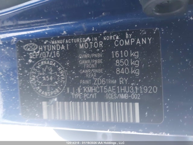 KMHCT5AE1HU311920 Hyundai ACCENT SE
