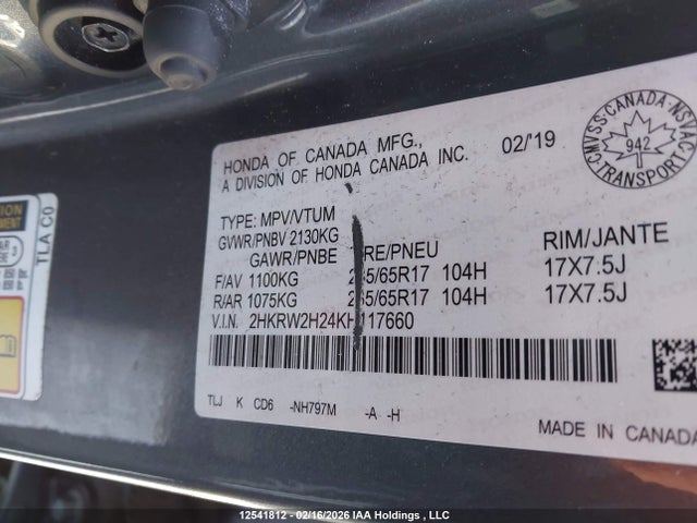2HKRW2H24KH117660 Honda CR-V LX