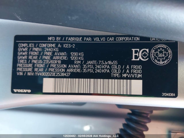 YV4902DZ0E2538427 Volvo Xc60 T6/t6 Platinum/t6 Premier Plus/t6 R-design/t6 R-design Platinum/t6 R-design Premier Plus