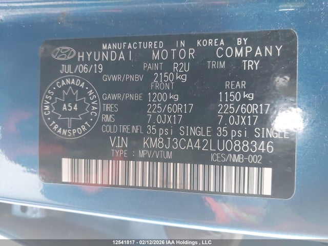 12541817 :رقم المزاد ، KM8J3CA42LU088346 vin ، 2020 Hyundai Tucson Limited/sel/sport/ultimate/value مزاد بيع