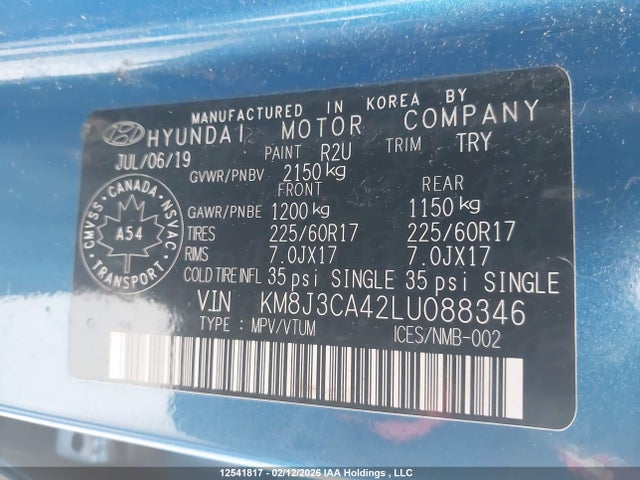 12541817 :رقم المزاد ، KM8J3CA42LU088346 vin ، 2020 Hyundai Tucson Limited/sel/sport/ultimate/value مزاد بيع