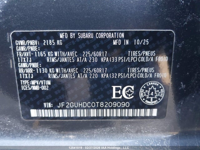 Aukcja sprzedaży 2026 Subaru Crosstrek Touring, vin: JF2GUHDC0T8209090, numer aukcji: 12541819