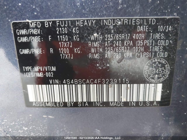 Aukcja sprzedaży 2015 Subaru Outback 2.5i, vin: 4S4BSCAC4F3239115, numer aukcji: 12541840