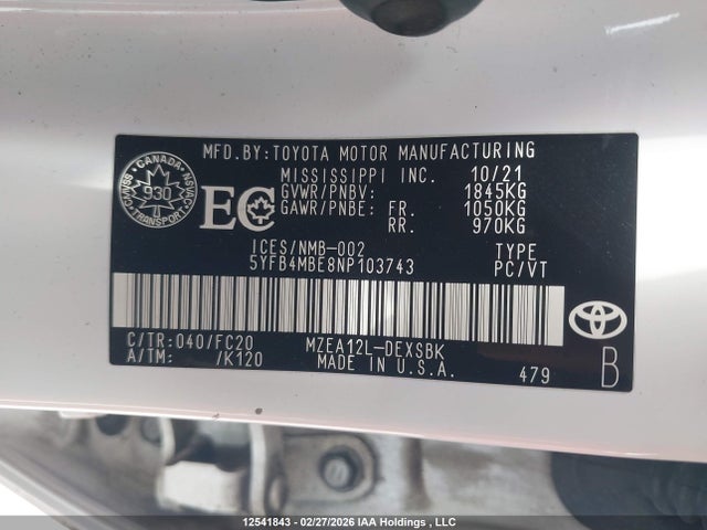 2022 Toyota Corolla Se მანქანა იყიდება აუქციონზე, vin: 5YFB4MBE8NP103743, აუქციონის ნომერი: 12541843