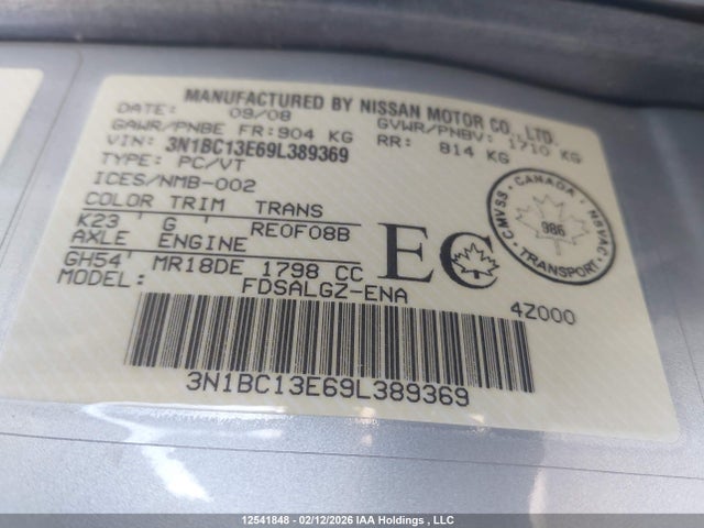 Aukcja sprzedaży 2009 Nissan Versa S/sl, vin: 3N1BC13E69L389369, numer aukcji: 12541848