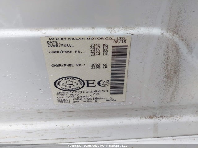 1N4AZ1CP2JC316451 Nissan Leaf S/sl/sv