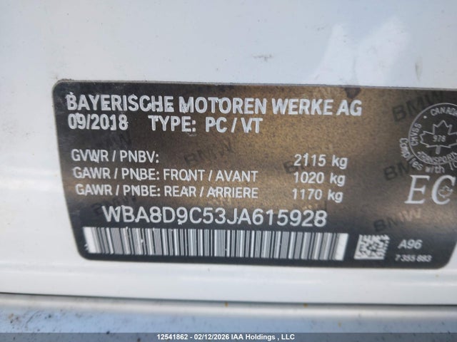 12541862 :رقم المزاد ، WBA8D9C53JA615928 vin ، 2018 Bmw 330i Xdrive مزاد بيع