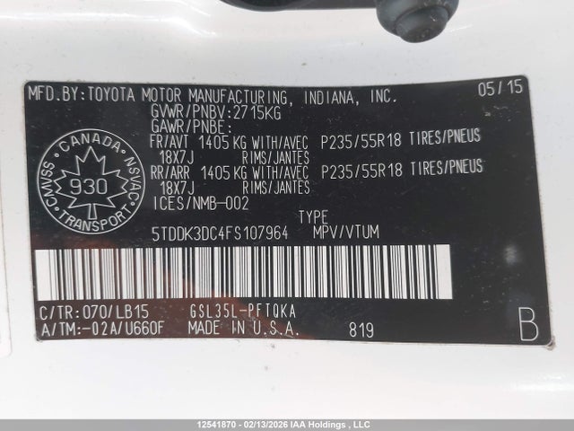 5TDDK3DC4FS107964 Toyota Sienna Xle/limited