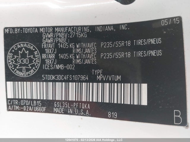 5TDDK3DC4FS107964 Toyota Sienna Xle/limited