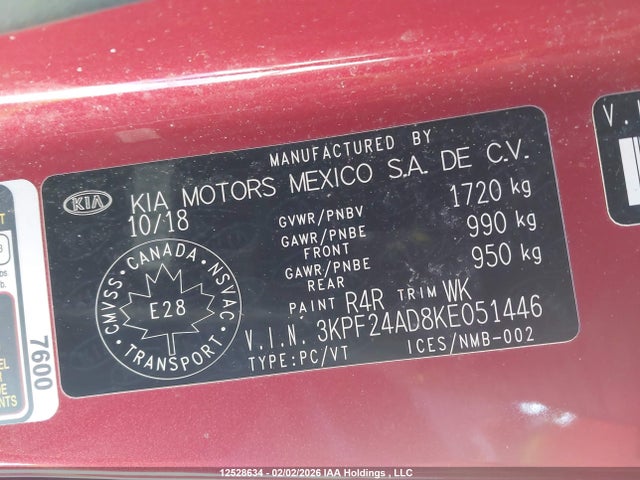 3KPF24AD8KE051446 KIA FORTE LX