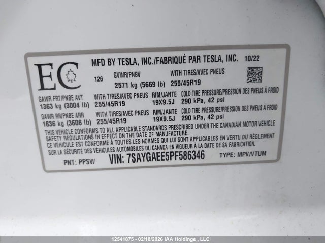 7SAYGAEE5PF586346 Tesla Model Y