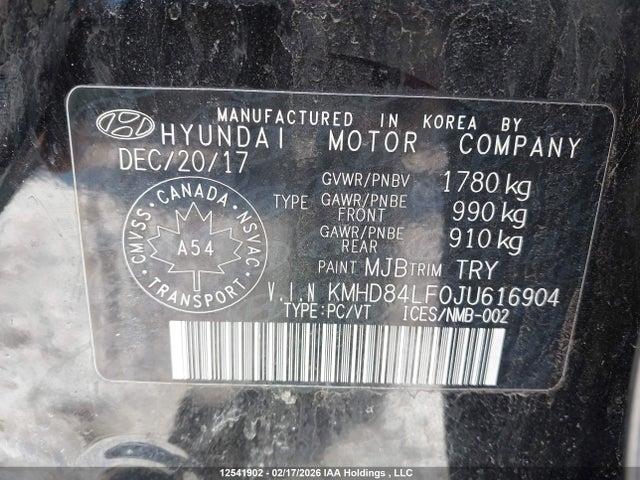 KMHD84LF0JU616904 Hyundai Elantra Gl Se