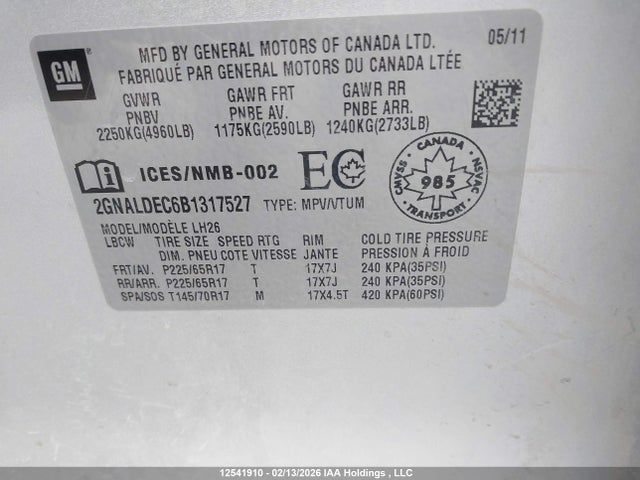 Продаж на аукціоні авто 2011 Chevrolet Equinox Lt, vin: 2GNALDEC6B1317527, номер лоту: 12541910