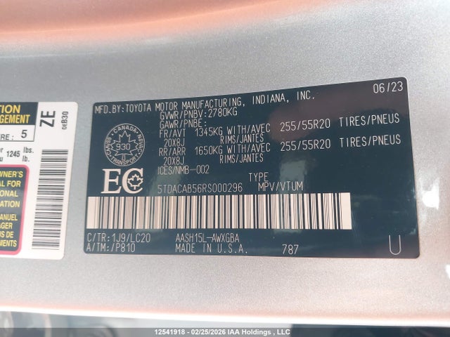 2024 Toyota Grand Highlander Hybrid Limited მანქანა იყიდება აუქციონზე, vin: 5TDACAB56RS000296, აუქციონის ნომერი: 12541918