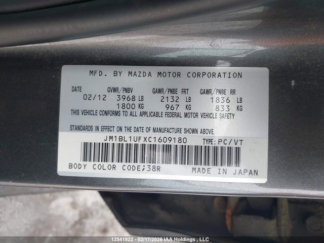 Aukcja sprzedaży 2012 Mazda Mazda3 Gx, vin: JM1BL1UFXC1609180, numer aukcji: 12541922
