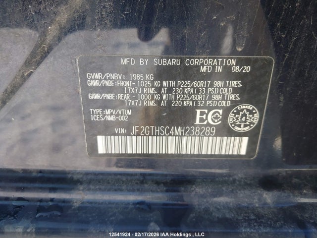 Aukcja sprzedaży 2021 Subaru Crosstrek Outdoor, vin: JF2GTHSC4MH238289, numer aukcji: 12541924