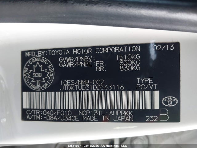 Aukcja sprzedaży 2013 Toyota Yaris, vin: JTDKTUD31DD563116, numer aukcji: 12541937
