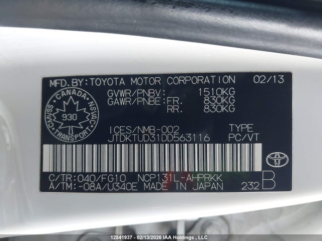 Aukcja sprzedaży 2013 Toyota Yaris, vin: JTDKTUD31DD563116, numer aukcji: 12541937